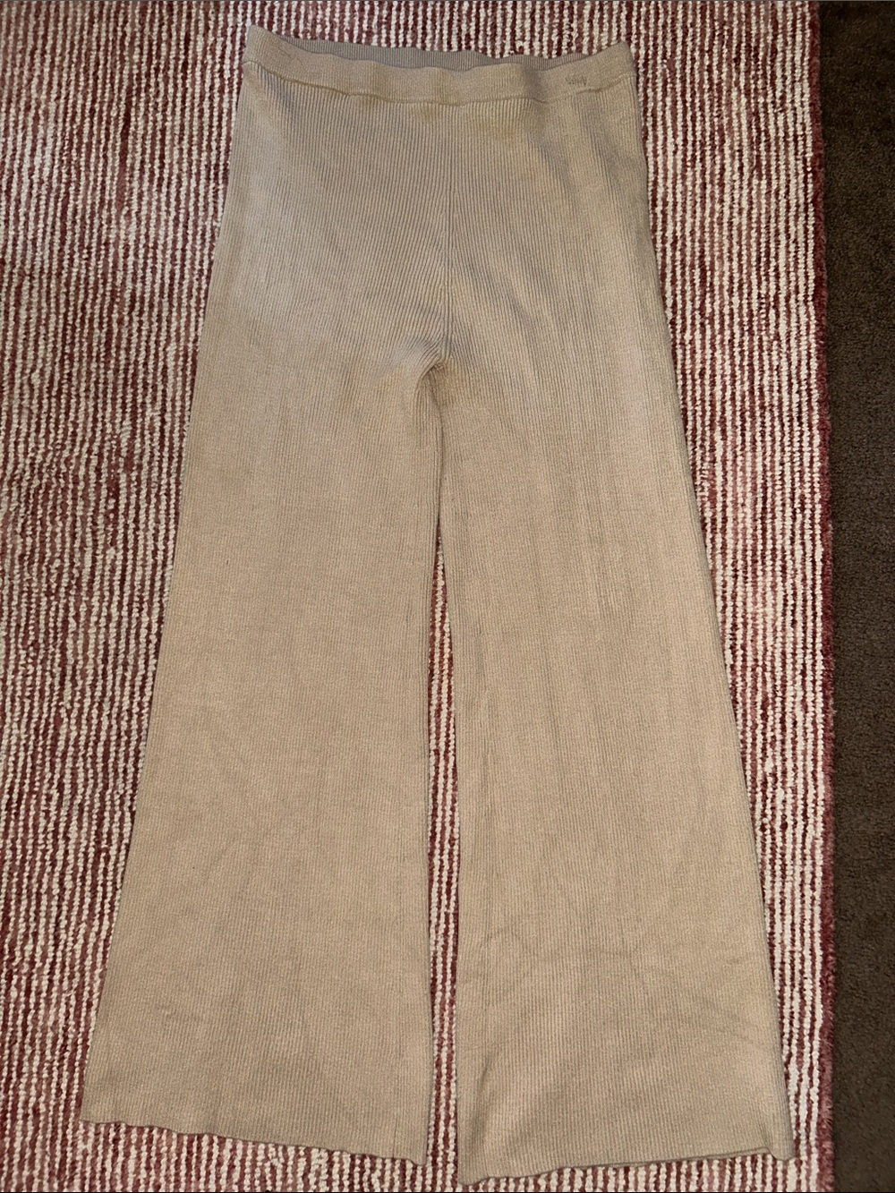 Leyden Taupe Ribbed Wide-Leg Knit Pants